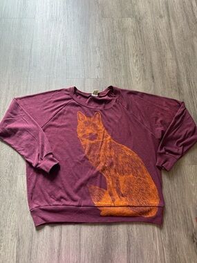Maroon Long-Sleeve Tee with Orange Fox Graphic Hand Printed